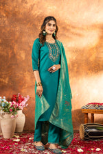 Thumbnail for Sonakshi Women's Teal Roman Silk Multi Embroidered Sequins With Hand Work Kurta Set With Dupatta - Distacart