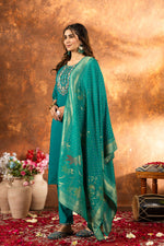 Thumbnail for Sonakshi Women's Teal Roman Silk Multi Embroidered Sequins With Hand Work Kurta Set With Dupatta - Distacart