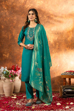 Thumbnail for Sonakshi Women's Teal Roman Silk Multi Embroidered Sequins With Hand Work Kurta Set With Dupatta - Distacart