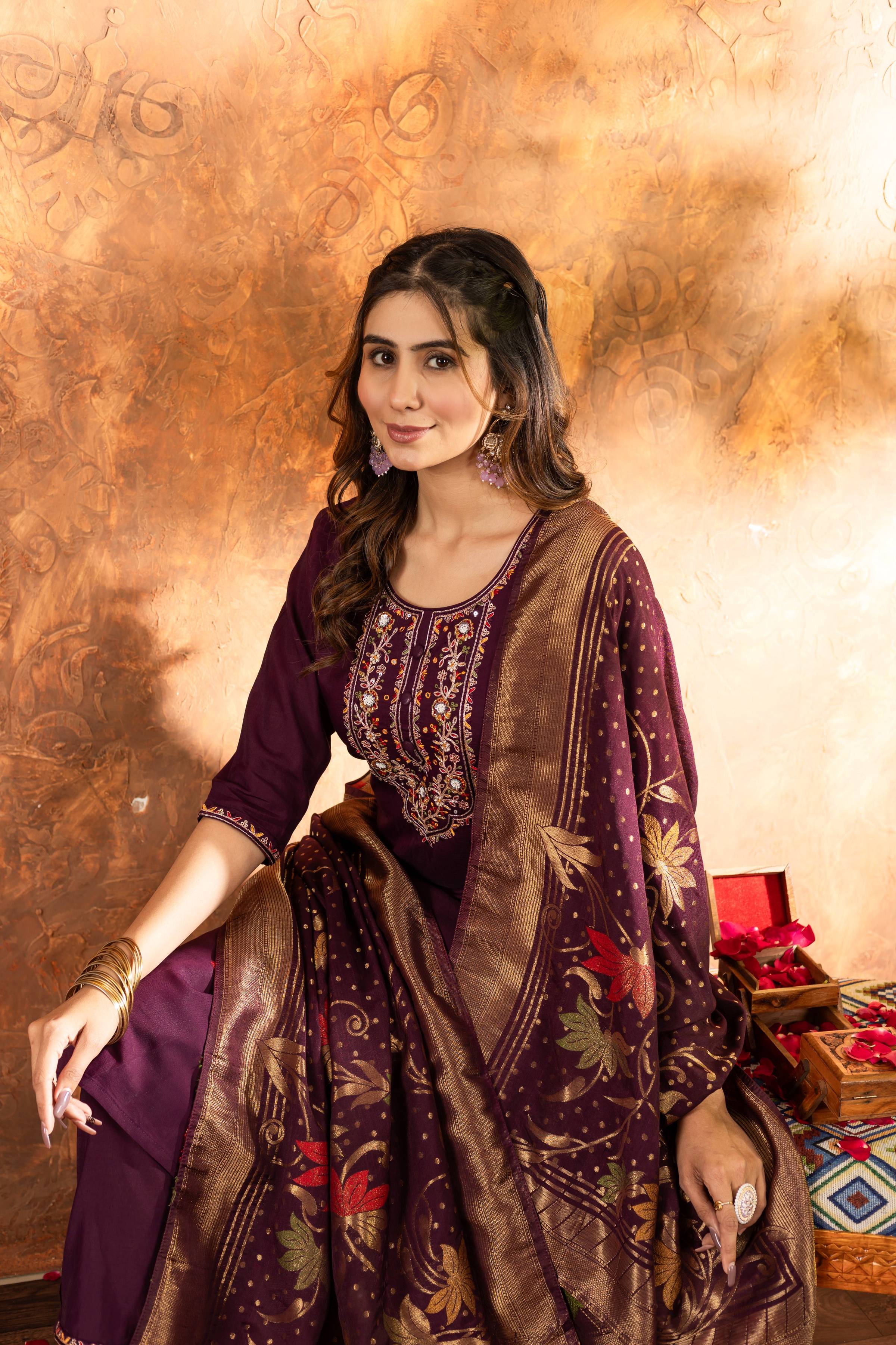 Sonakshi Women's Wine Roman Silk Multi Embroidered Sequins With Hand Work Kurta Set With Dupatta