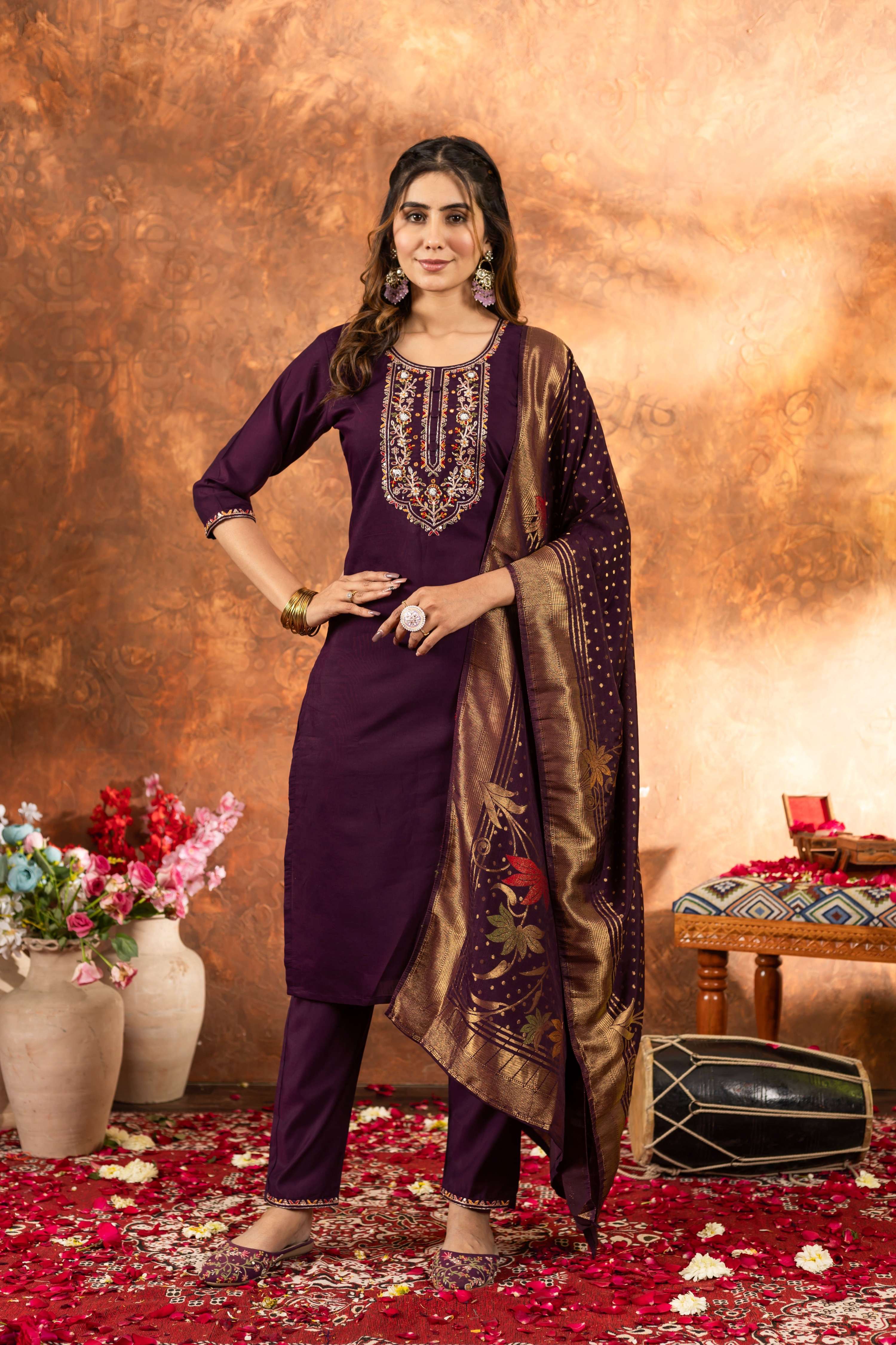 Sonakshi Women's Wine Roman Silk Multi Embroidered Sequins With Hand Work Kurta Set With Dupatta - Distacart