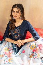 Thumbnail for Sonakshi Women's Navy Blue Viscose Mango Silk Multi Embroidered Sequins With Hand Work Kurta Set With Dupatta