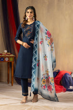 Thumbnail for Sonakshi Women's Navy Blue Viscose Mango Silk Multi Embroidered Sequins With Hand Work Kurta Set With Dupatta