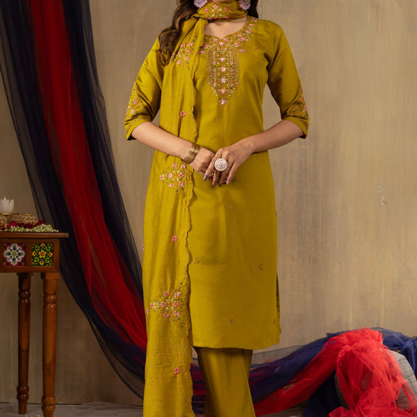 Sonakshi Women's Mustard Roman Silk Multi Embroidered Sequins With Hand Work Kurta Set With Dupatta - Distacart