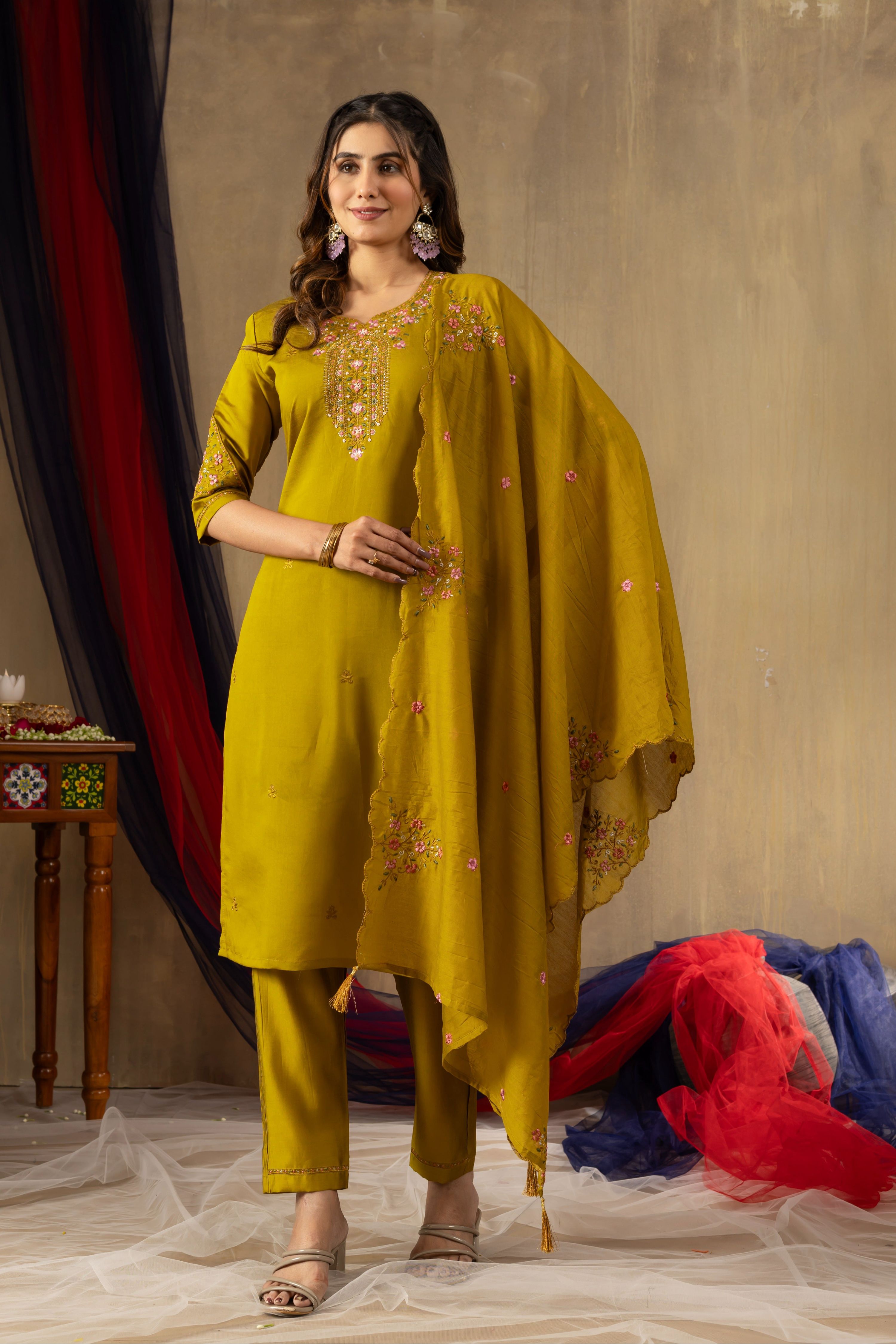Sonakshi Women's Mustard Roman Silk Multi Embroidered Sequins With Hand Work Kurta Set With Dupatta - Distacart