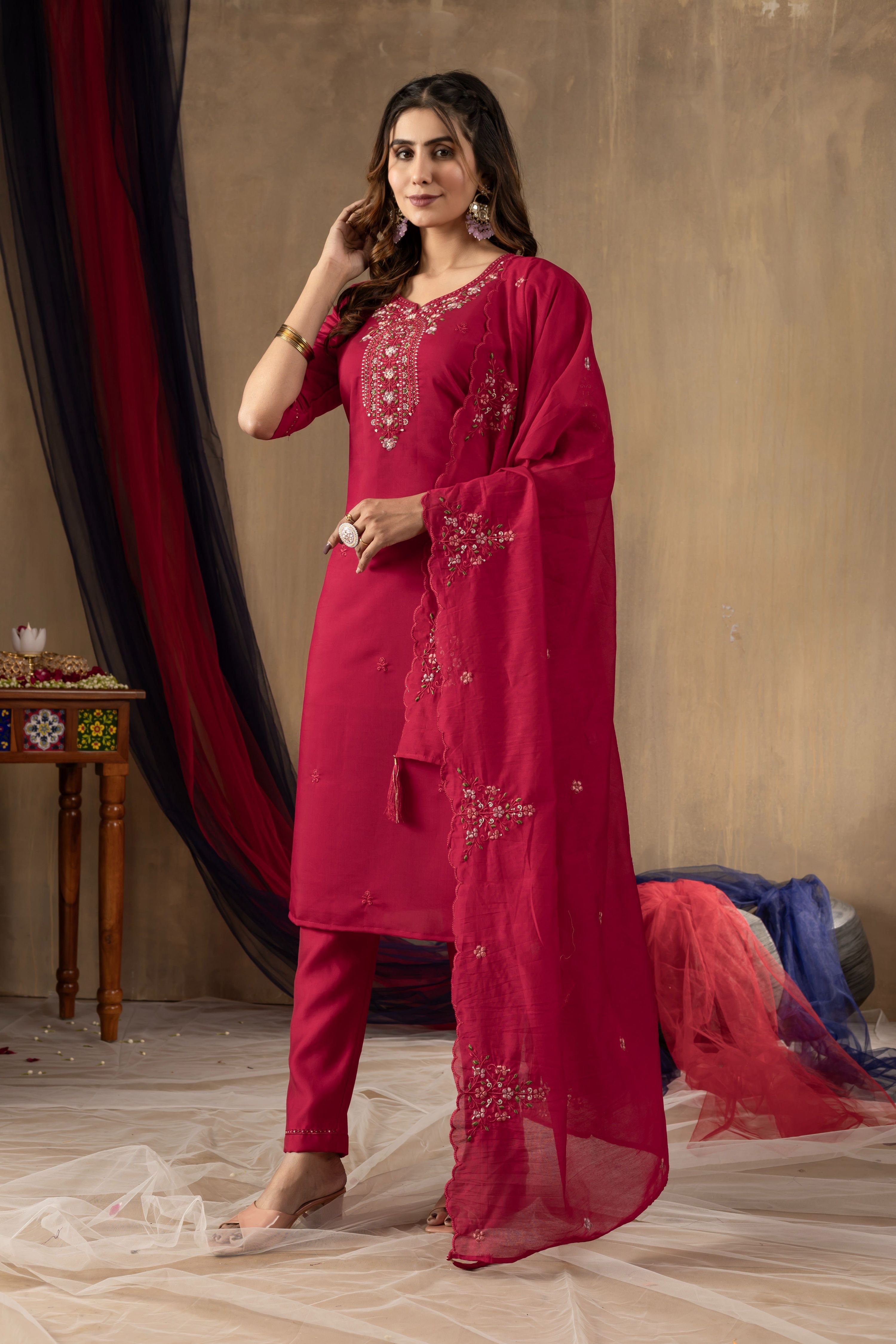 Sonakshi Women's Rani Pink Roman Silk Multi Embroidered Sequins With Hand Work Kurta Set With Dupatta - Distacart
