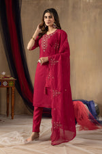 Thumbnail for Sonakshi Women's Rani Pink Roman Silk Multi Embroidered Sequins With Hand Work Kurta Set With Dupatta - Distacart