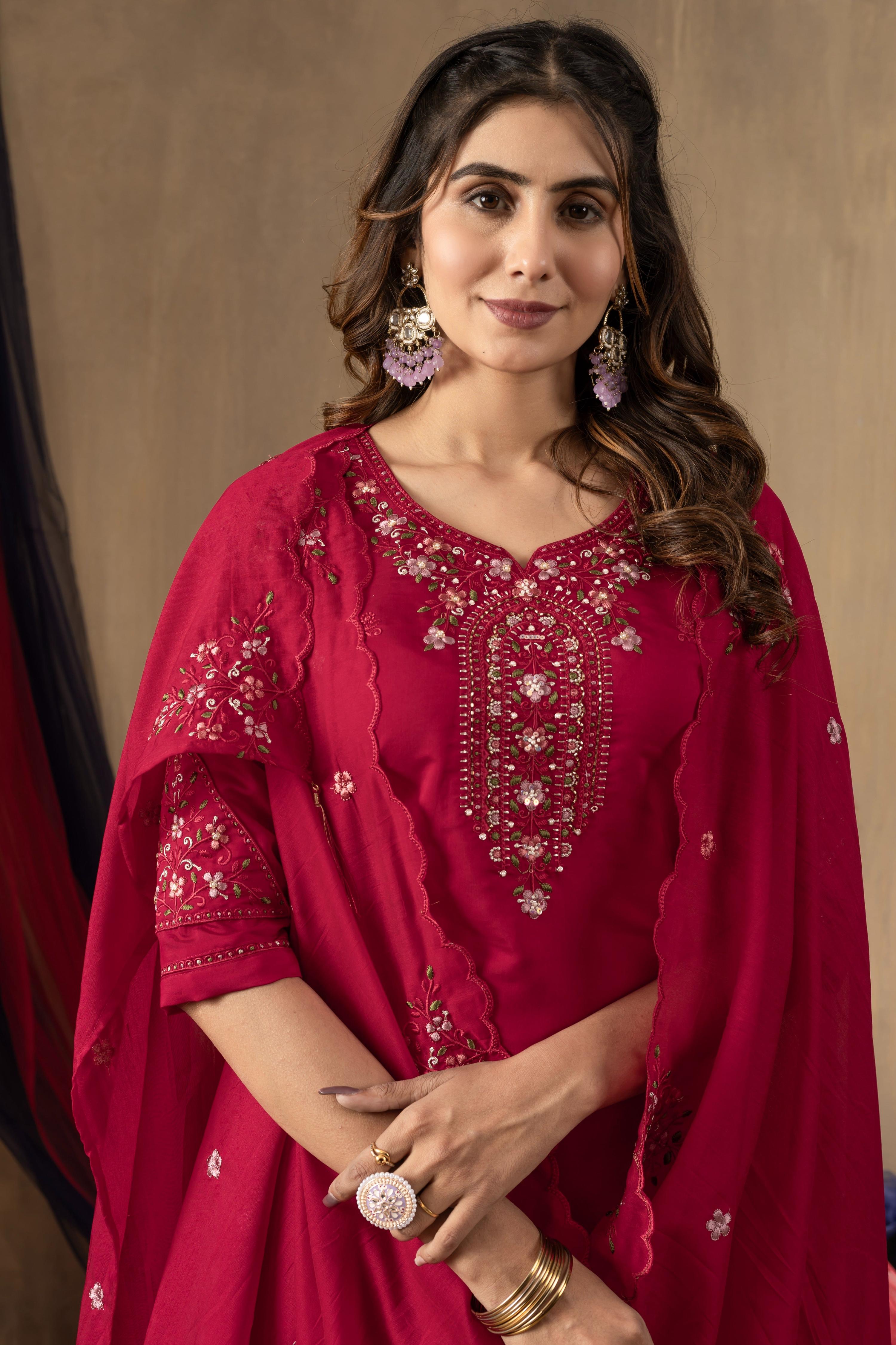 Sonakshi Women's Rani Pink Roman Silk Multi Embroidered Sequins With Hand Work Kurta Set With Dupatta - Distacart