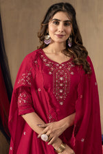 Thumbnail for Sonakshi Women's Rani Pink Roman Silk Multi Embroidered Sequins With Hand Work Kurta Set With Dupatta - Distacart