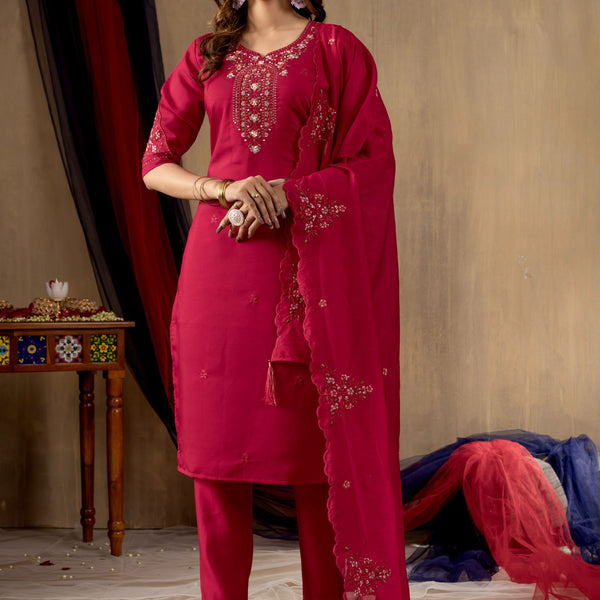 Sonakshi Women's Rani Pink Roman Silk Multi Embroidered Sequins With Hand Work Kurta Set With Dupatta - Distacart