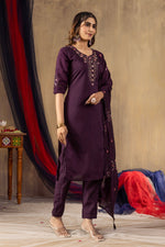 Thumbnail for Sonakshi Women's Wine Roman Silk Multi Embroidered Sequins With Hand Work Kurta Set With Dupatta - Distacart
