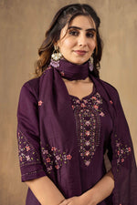 Thumbnail for Sonakshi Women's Wine Roman Silk Multi Embroidered Sequins With Hand Work Kurta Set With Dupatta - Distacart