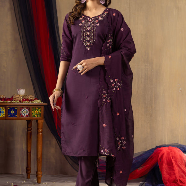 Sonakshi Women's Wine Roman Silk Multi Embroidered Sequins With Hand Work Kurta Set With Dupatta - Distacart