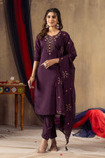 Thumbnail for Sonakshi Women's Wine Roman Silk Multi Embroidered Sequins With Hand Work Kurta Set With Dupatta - Distacart
