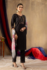 Thumbnail for Sonakshi Women's Black Roman Silk Multi Embroidered Sequins With Hand Work Kurta Set With Dupatta - Distacart