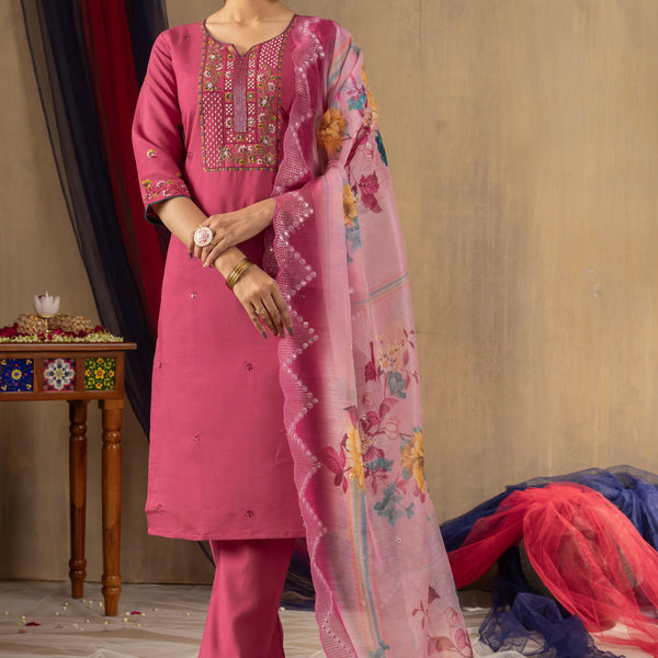 Sonakshi Women's Pink Roman Silk Multi Embroidered Sequins With Hand Work Kurta Set With Dupatta - Distacart