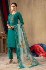 Thumbnail for Sonakshi Women's Rama Roman Silk Multi Embroidered Sequins With Hand Work Kurta Set With Dupatta - Distacart