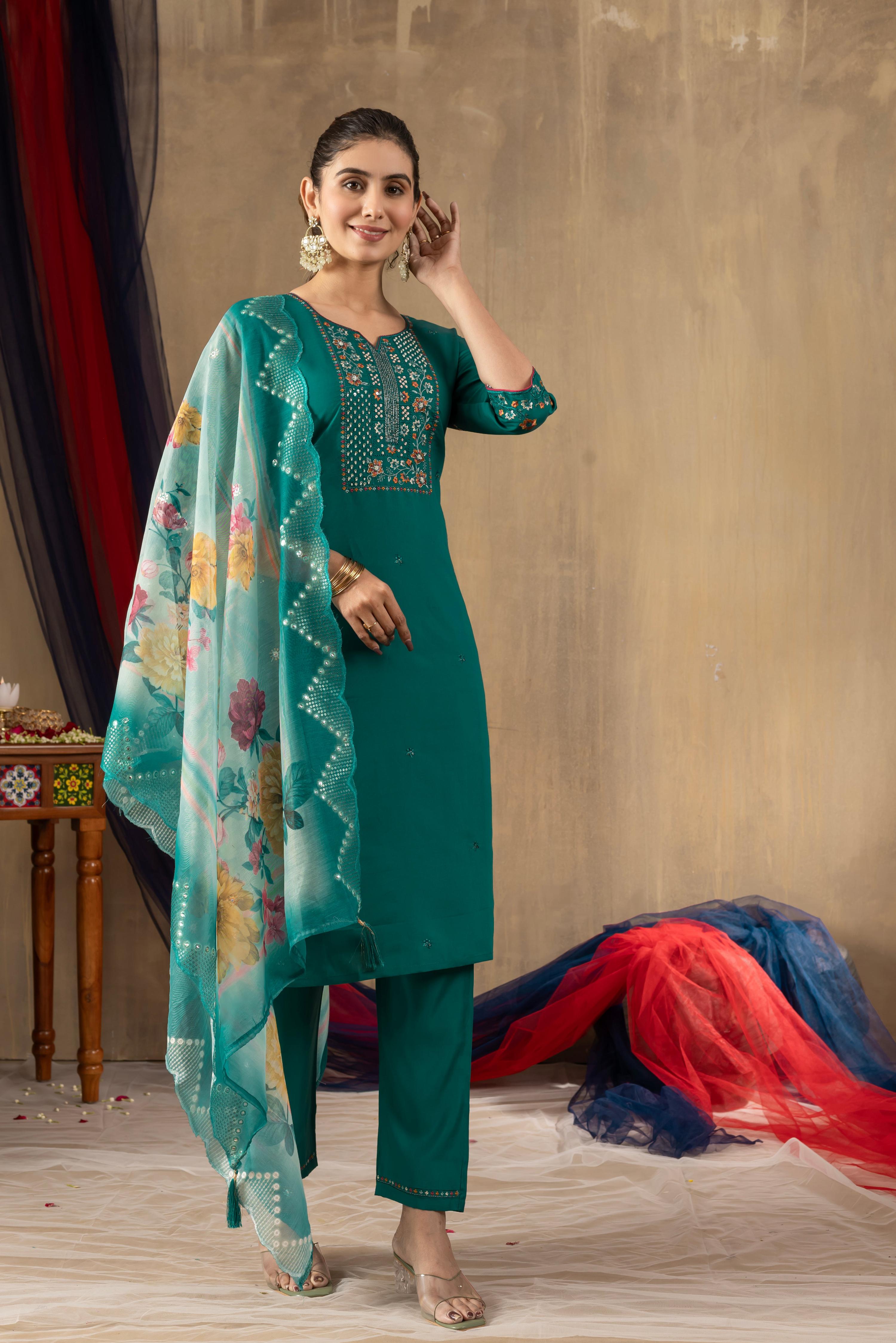 Sonakshi Women's Rama Roman Silk Multi Embroidered Sequins With Hand Work Kurta Set With Dupatta - Distacart