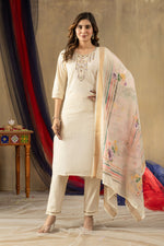 Thumbnail for Sonakshi Women's Off White Shimmer Gold Silk Multi Embroidered Sequins With Hand Work Kurta Set With Dupatta - Distacart