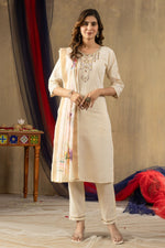 Thumbnail for Sonakshi Women's Off White Shimmer Gold Silk Multi Embroidered Sequins With Hand Work Kurta Set With Dupatta - Distacart