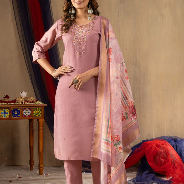 Sonakshi Women's Onion Pink Shimmer Gold Silk Multi Embroidered Sequins With Hand Work Kurta Set With Dupatta - Distacart