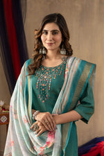 Thumbnail for Sonakshi Women's Rama Shimmer Gold Silk Multi Embroidered Sequins With Hand Work Kurta Set With Dupatta - Distacart