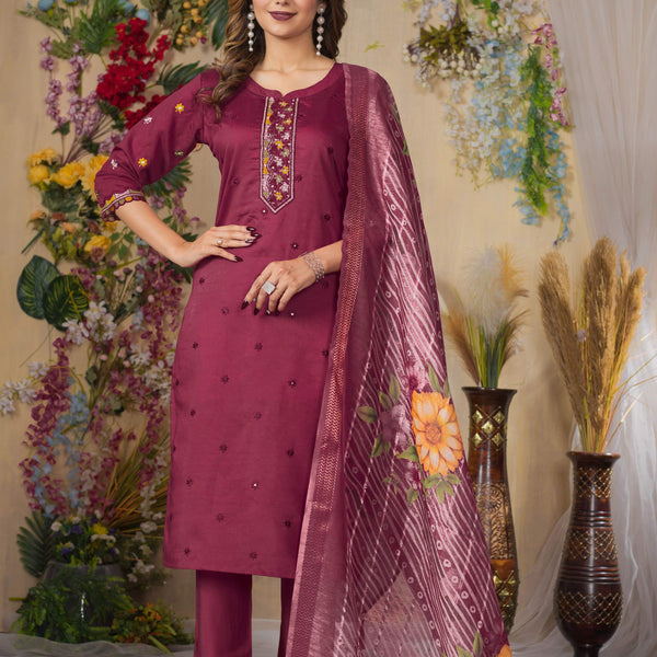 Sonakshi Women's Onion Roman Silk Multi Embroidered Sequins With Hand Work Kurta Set With Dupatta - Distacart