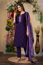 Thumbnail for Sonakshi Women's Purple Roman Silk Multi Embroidered Sequins With Hand Work Kurta Set With Dupatta - Distacart