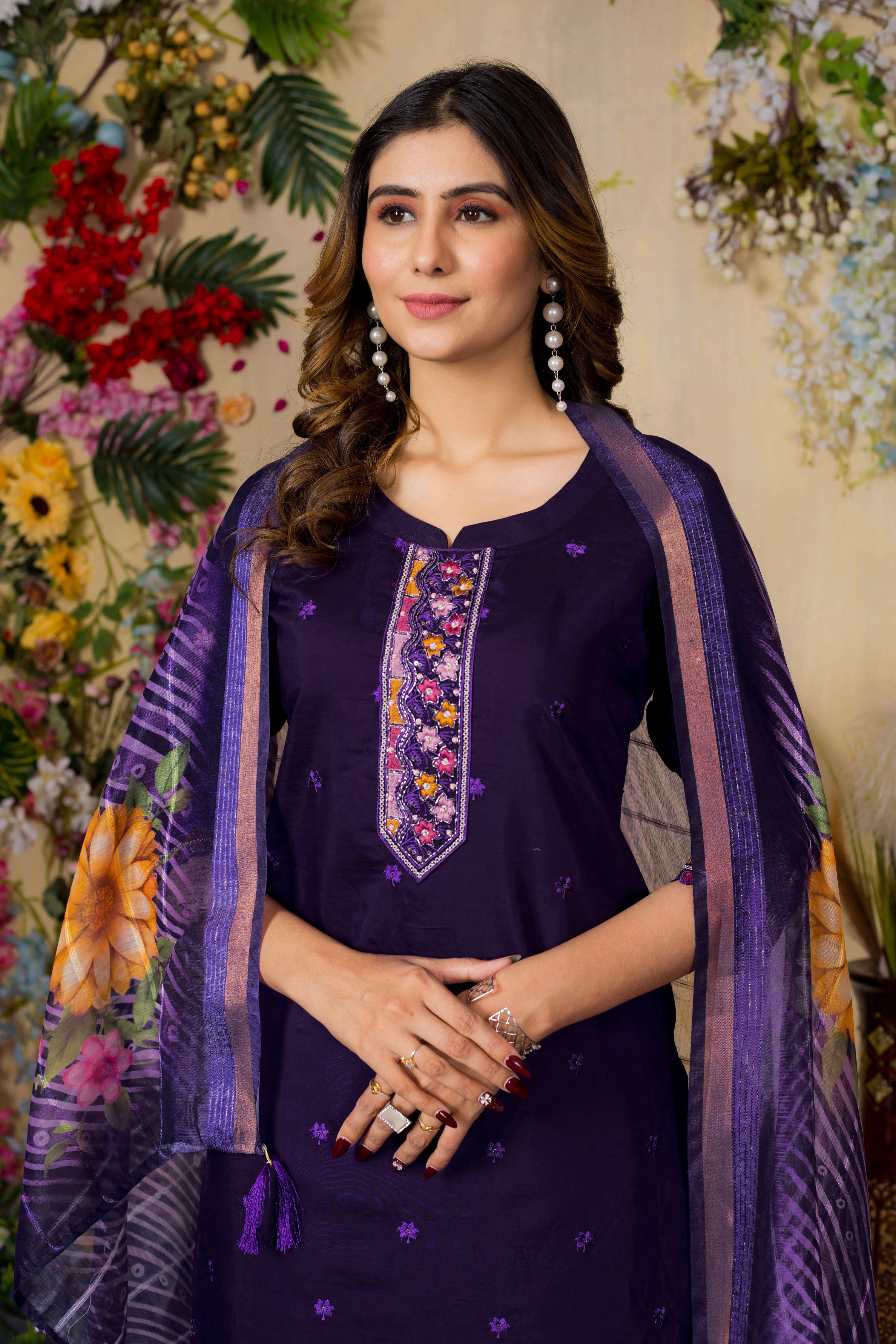 Sonakshi Women's Purple Roman Silk Multi Embroidered Sequins With Hand Work Kurta Set With Dupatta - Distacart