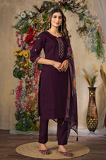 Thumbnail for Sonakshi Women's Wine Roman Silk Multi Embroidered Sequins With Hand Work Kurta Set With Dupatta - Distacart