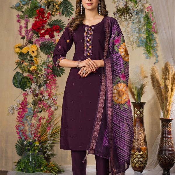 Sonakshi Women's Wine Roman Silk Multi Embroidered Sequins With Hand Work Kurta Set With Dupatta - Distacart