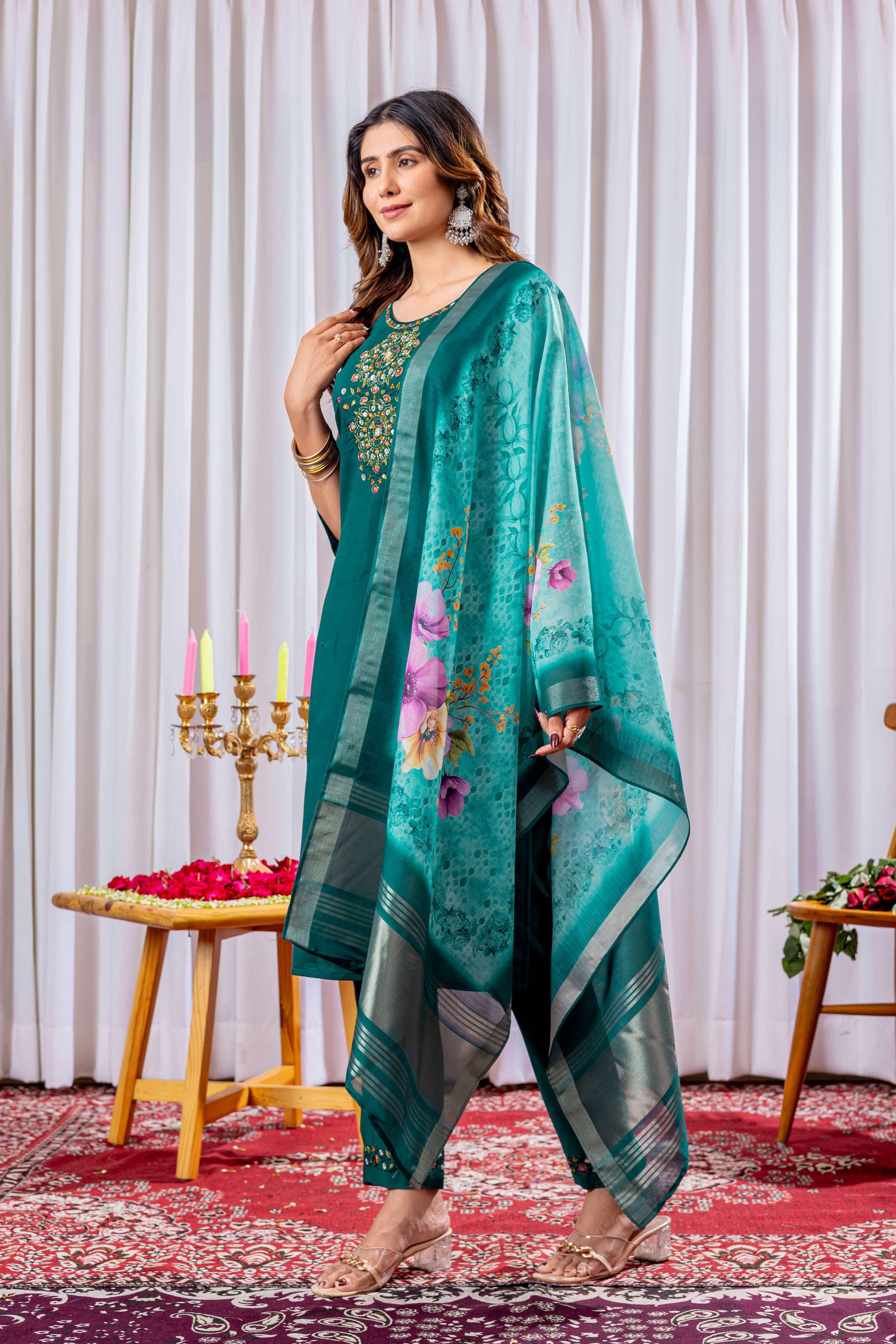 Sonakshi Women's Teal Viscose Silk Multi Embroidered Sequins With Hand Work Kurta Set With Dupatta - Distacart