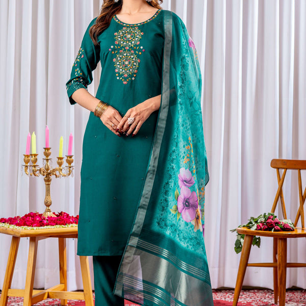Sonakshi Women's Teal Viscose Silk Multi Embroidered Sequins With Hand Work Kurta Set With Dupatta - Distacart