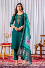 Thumbnail for Sonakshi Women's Teal Viscose Silk Multi Embroidered Sequins With Hand Work Kurta Set With Dupatta - Distacart