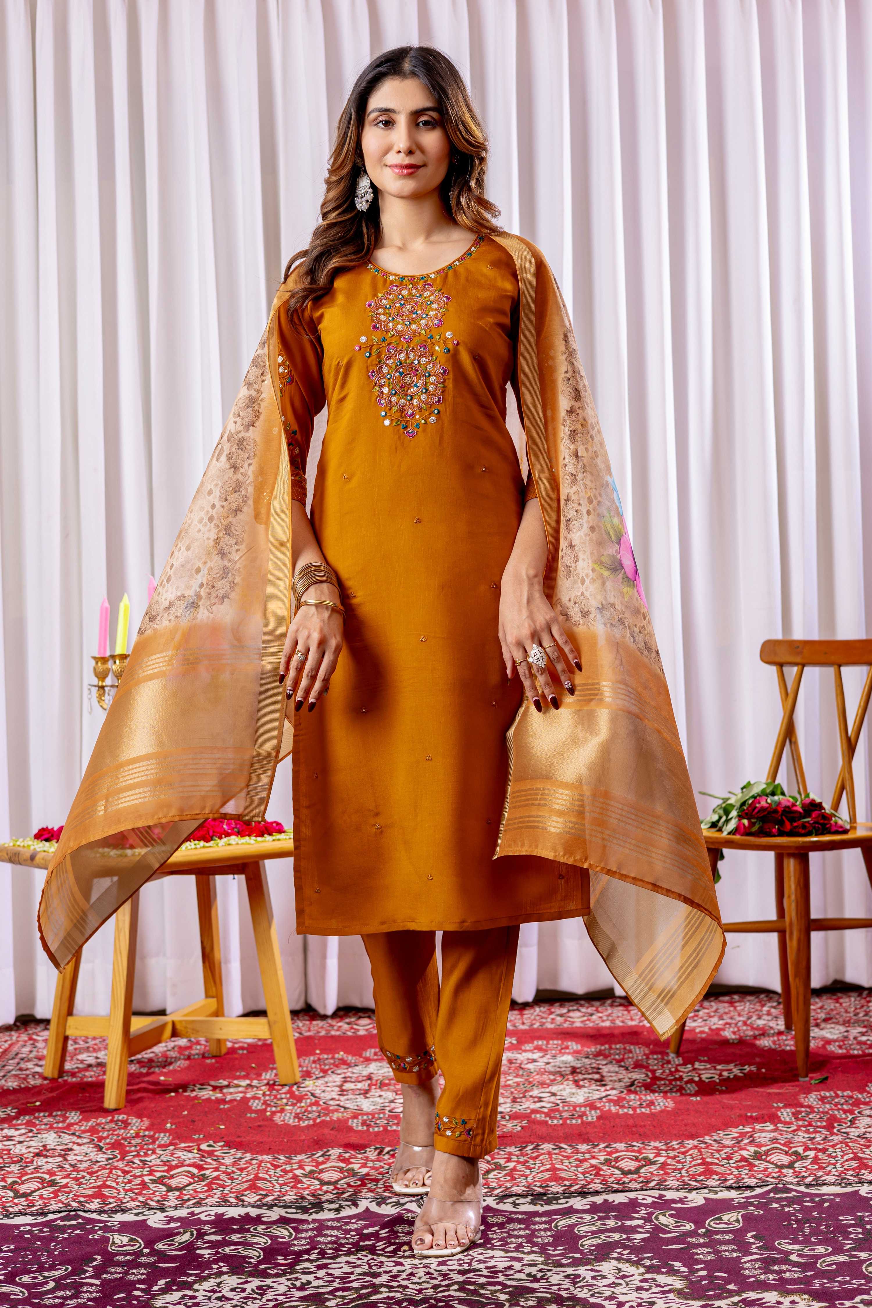 Sonakshi Women's Mustard Viscose Silk Multi Embroidered Sequins With Hand Work Kurta Set With Dupatta - Distacart