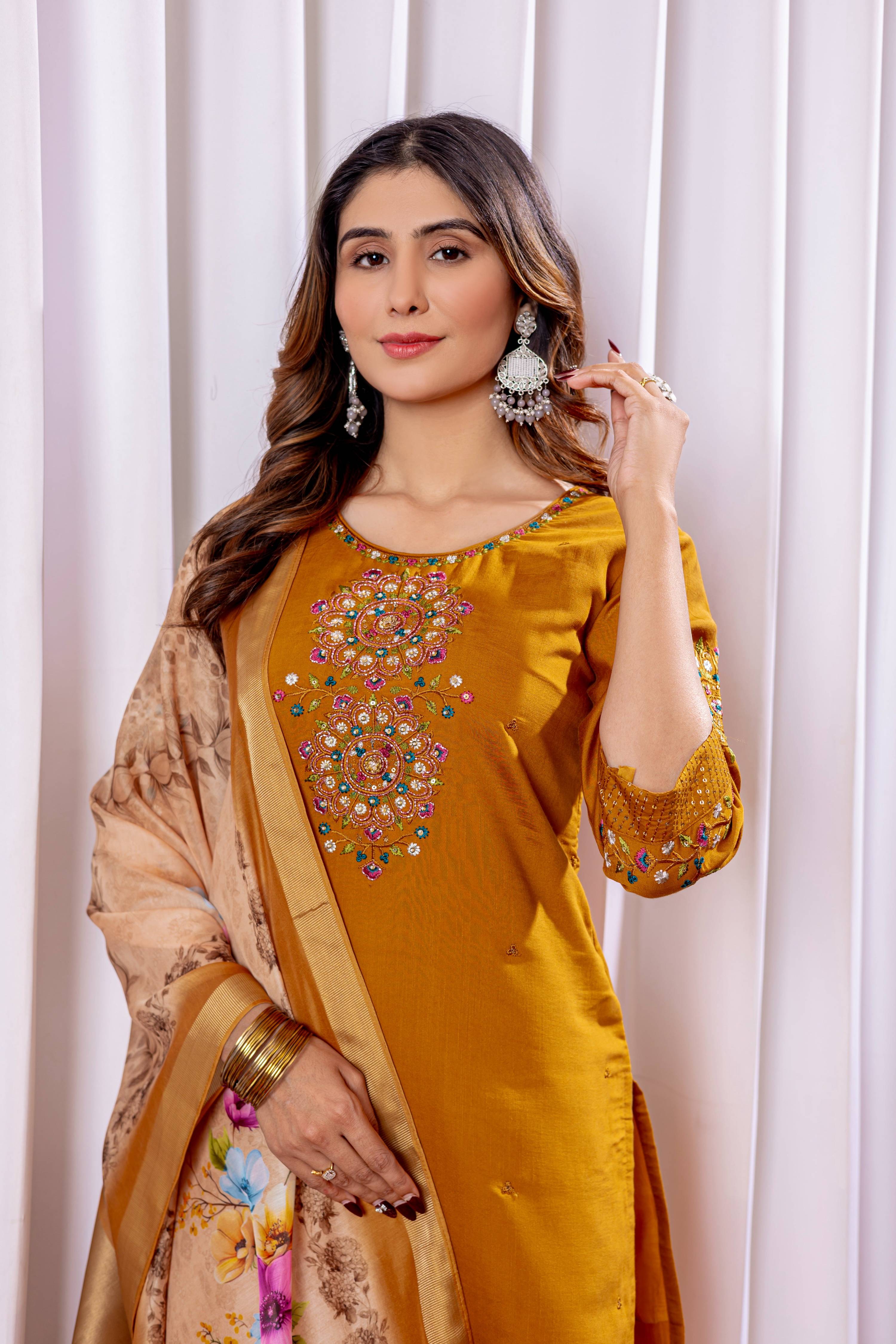 Sonakshi Women's Mustard Viscose Silk Multi Embroidered Sequins With Hand Work Kurta Set With Dupatta