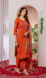 Thumbnail for Sonakshi Women's Orange Viscose Silk Multi Embroidered Sequins With Hand Work Kurta Set With Dupatta - Distacart