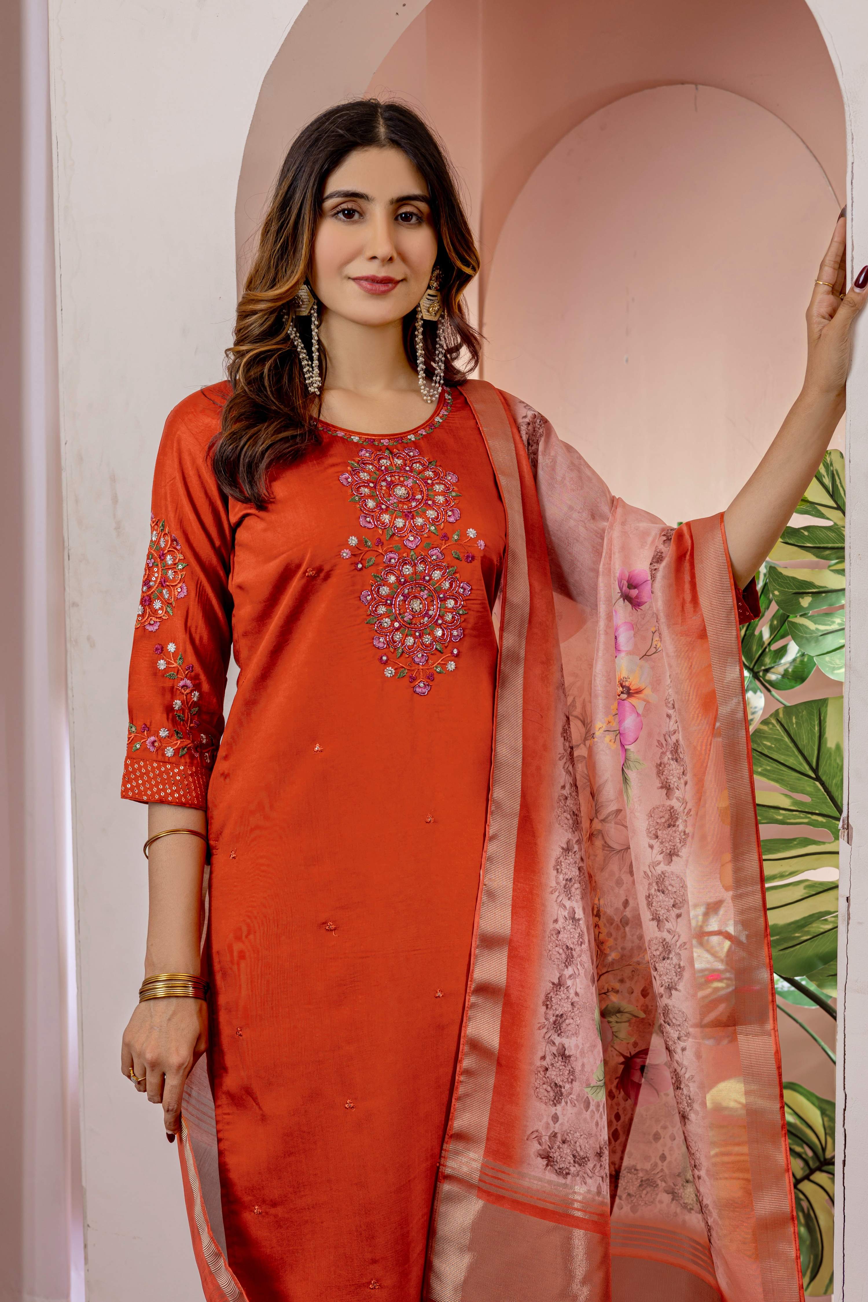 Sonakshi Women's Orange Viscose Silk Multi Embroidered Sequins With Hand Work Kurta Set With Dupatta - Distacart