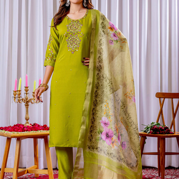 Sonakshi Women's Parrot Green Viscose Silk Multi Embroidered Sequins With Hand Work Kurta Set With Dupatta - Distacart