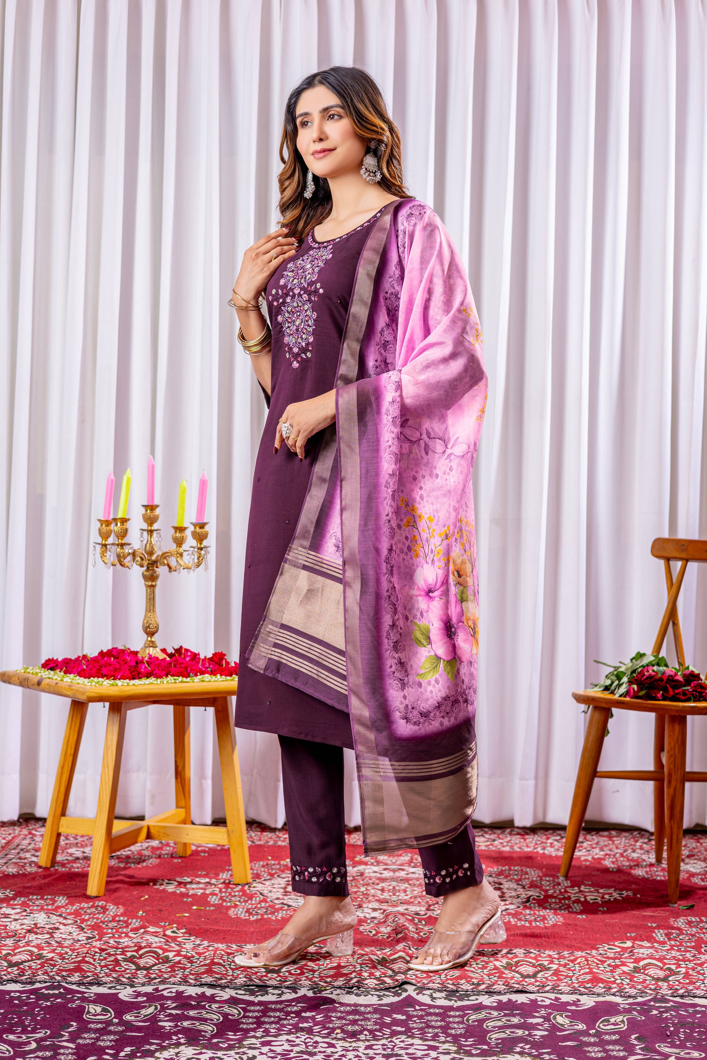 Sonakshi Women's Wine Green Viscose Silk Multi Embroidered Sequins With Hand Work Kurta Set With Dupatta - Distacart