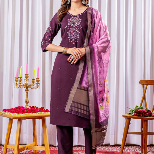 Sonakshi Women's Wine Green Viscose Silk Multi Embroidered Sequins With Hand Work Kurta Set With Dupatta - Distacart
