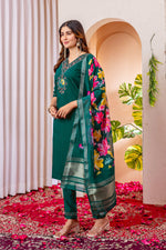 Thumbnail for Sonakshi Women's Rama Marina Viscose Silk Multi Embroidered Sequins With Hand Work Kurta Set With Dupatta - Distacart