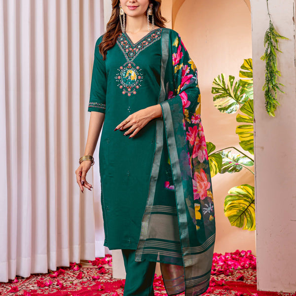 Sonakshi Women's Rama Marina Viscose Silk Multi Embroidered Sequins With Hand Work Kurta Set With Dupatta - Distacart