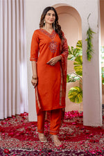 Thumbnail for Sonakshi Women's Orange Marina Viscose Silk Multi Embroidered Sequins With Hand Work Kurta Set With Dupatta - Distacart