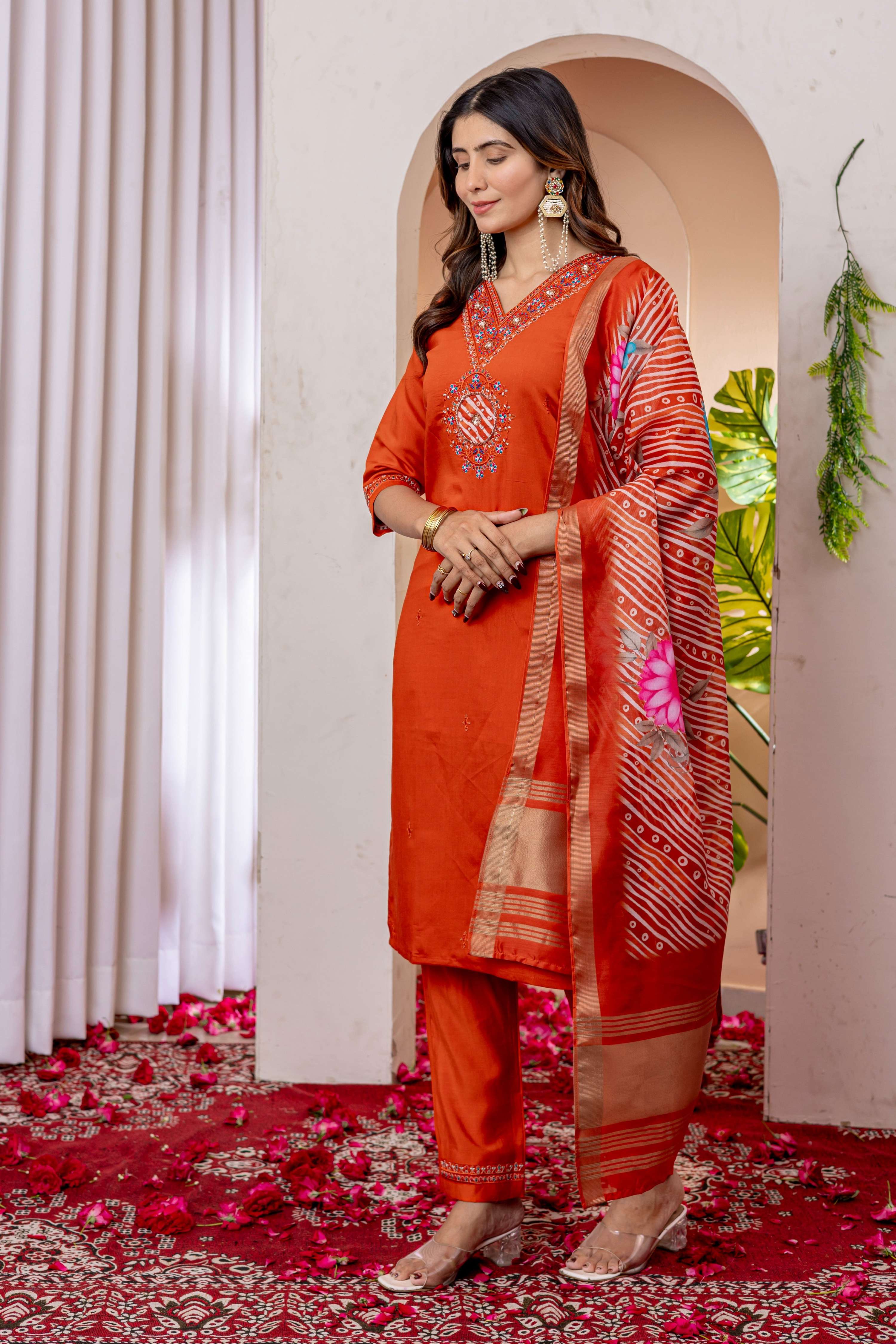 Sonakshi Women's Orange Marina Viscose Silk Multi Embroidered Sequins With Hand Work Kurta Set With Dupatta - Distacart