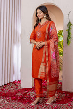 Thumbnail for Sonakshi Women's Orange Marina Viscose Silk Multi Embroidered Sequins With Hand Work Kurta Set With Dupatta - Distacart
