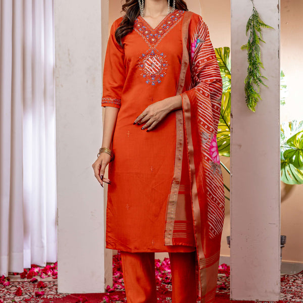 Sonakshi Women's Orange Marina Viscose Silk Multi Embroidered Sequins With Hand Work Kurta Set With Dupatta - Distacart