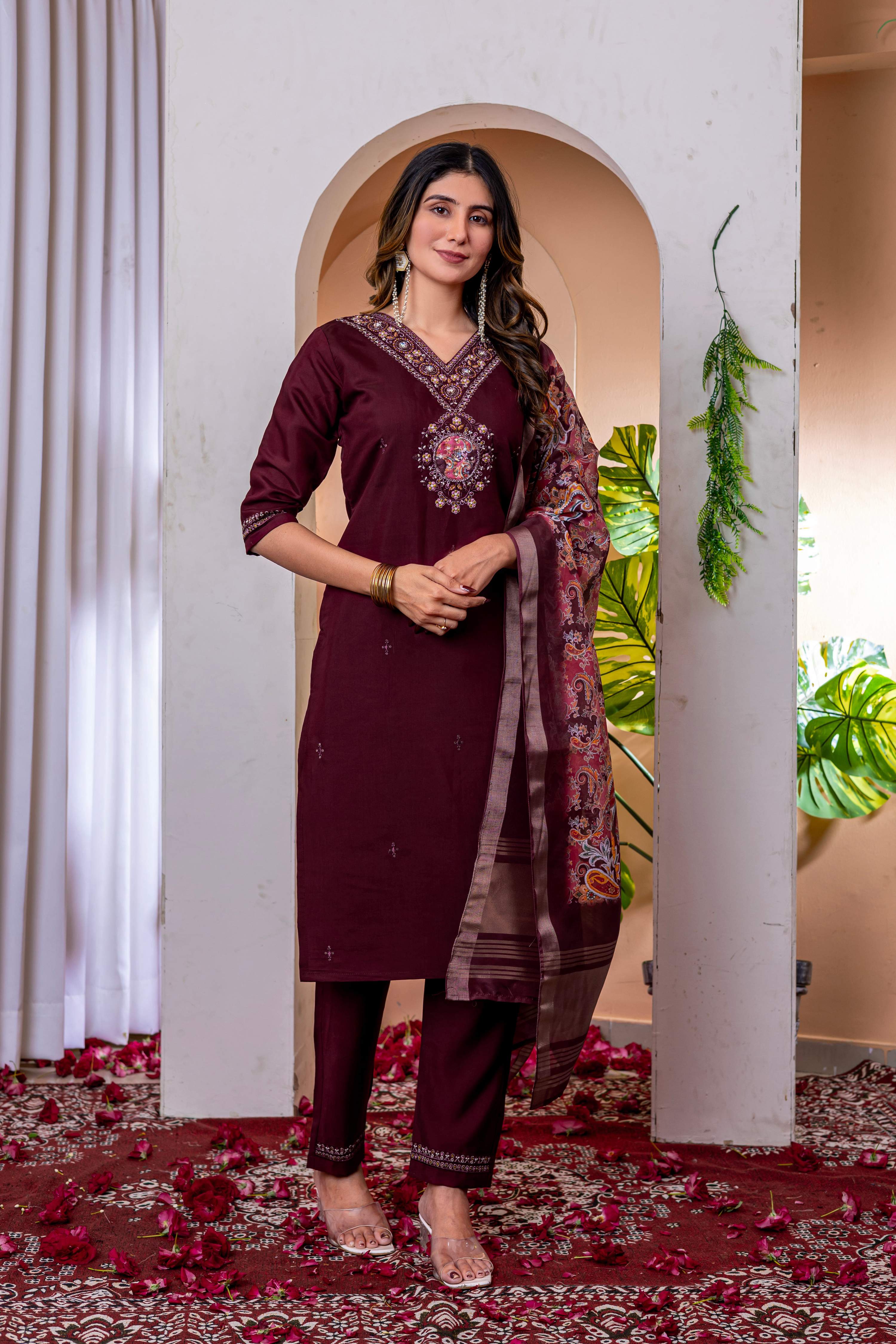 Sonakshi Women's Wine Marina Viscose Silk Multi Embroidered Sequins With Hand Work Kurta Set With Dupatta - Distacart