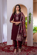 Thumbnail for Sonakshi Women's Wine Marina Viscose Silk Multi Embroidered Sequins With Hand Work Kurta Set With Dupatta