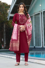 Thumbnail for Sonakshi Women's Maroon Viscose Silk Multi Embroidered Thread With Hand Work Kurta Set With Dupatta